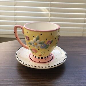 Mary Engelbreit Vintage Floral Teacup with Saucer Pink and Yellow